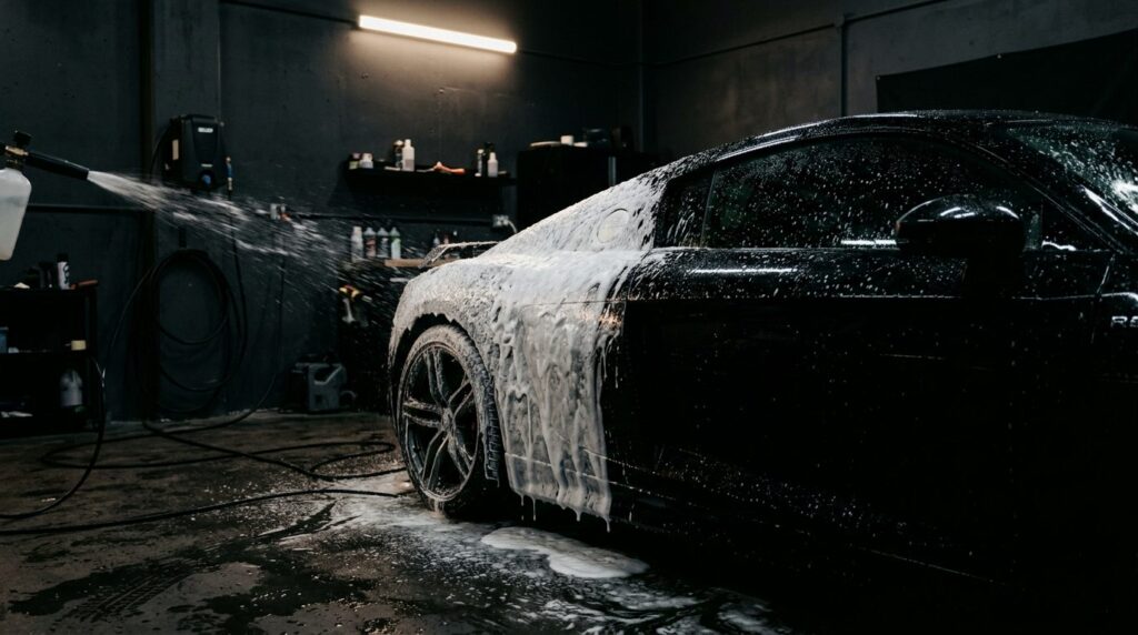 Illustrative render of foam cascading over a black panel during a detail