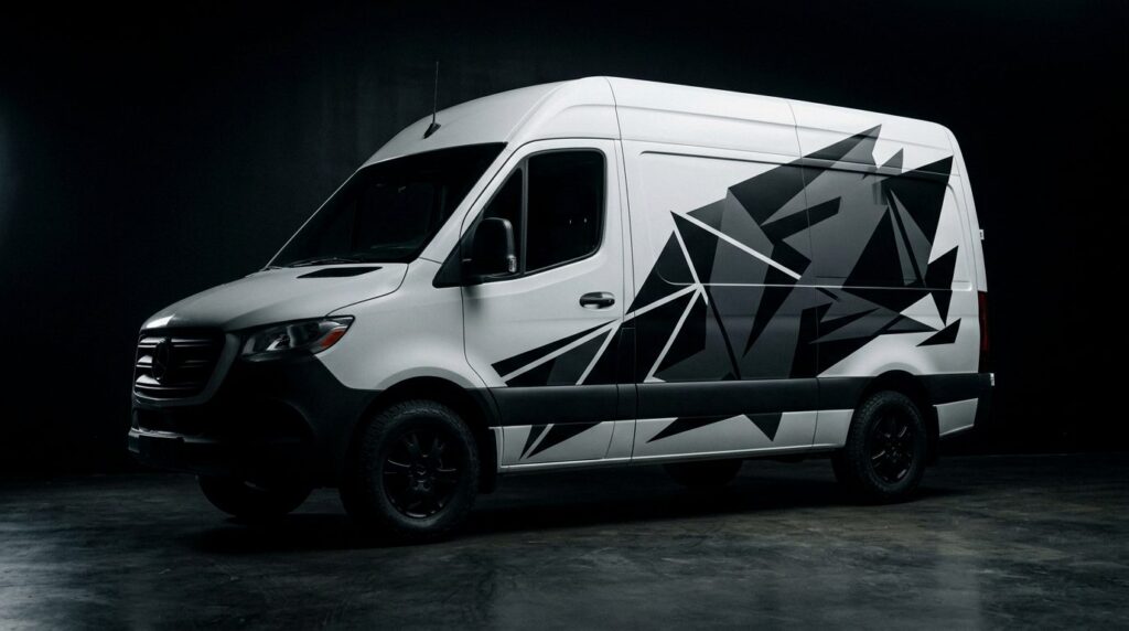 Illustrative render of a cargo van with abstract geometric vinyl graphics