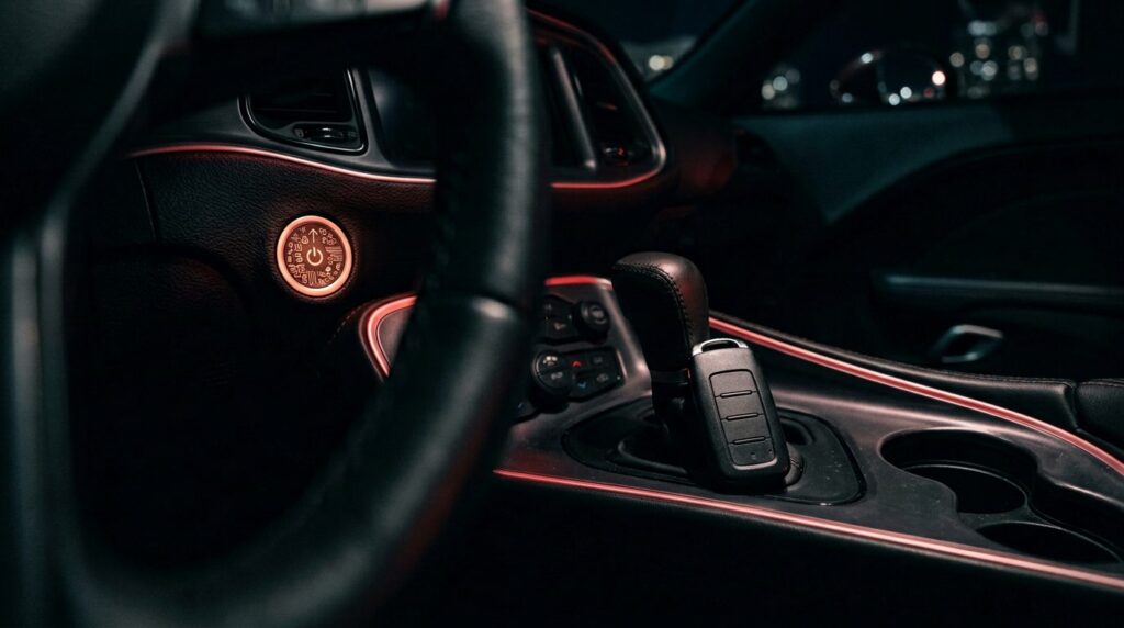 Illustrative render of a push-button start and remote-start fob in a dark cabin